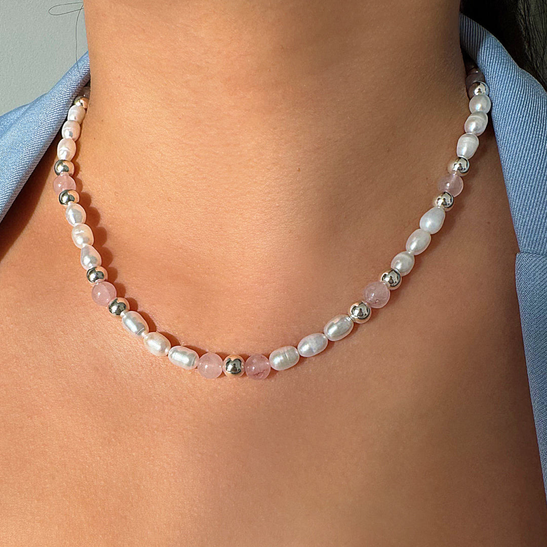 Collar Cuarzo Rosa & Perlas del río